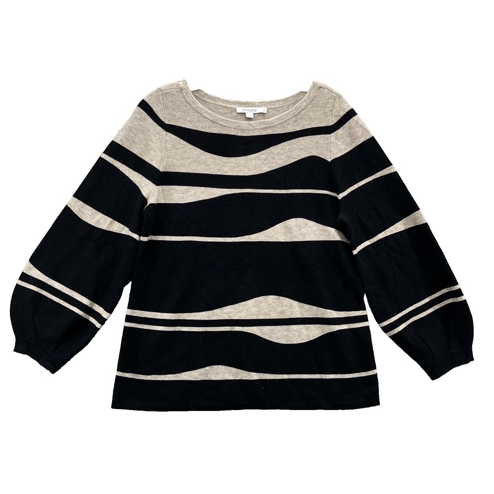 Chico's Sweater Women's Small Cream Black Funky Stripe Balloon Academia Corpcore